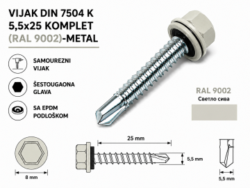 VIJAK DIN 7504 K 5,5x25 KOMPLET (RAL 9002)-METAL